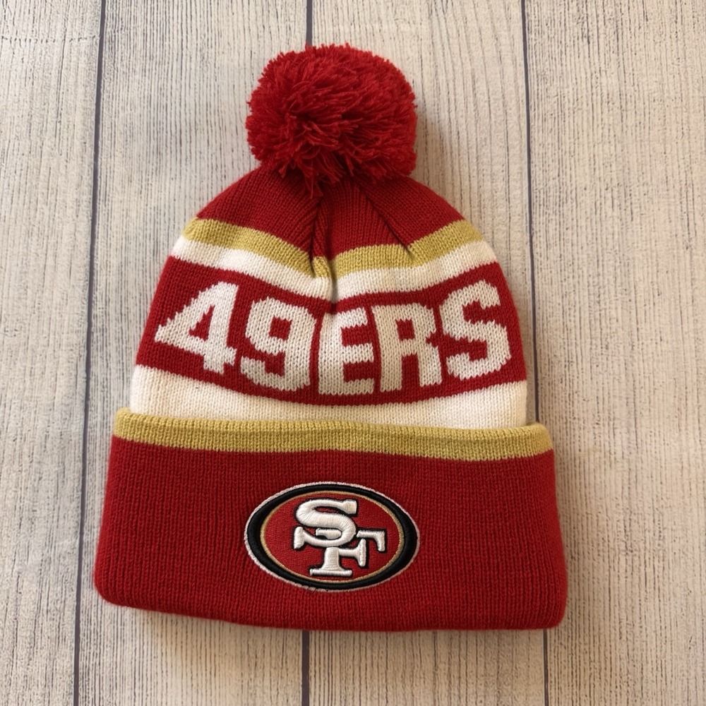 Francisco 49ers NFL Red Gold Pom Cuffed Knit Beanie Hat Team Apparel